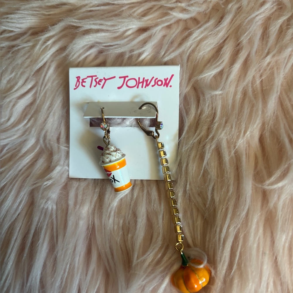 Betsey Johnson Gold Pumpkin & Coffee Cup Mismatch Earrings